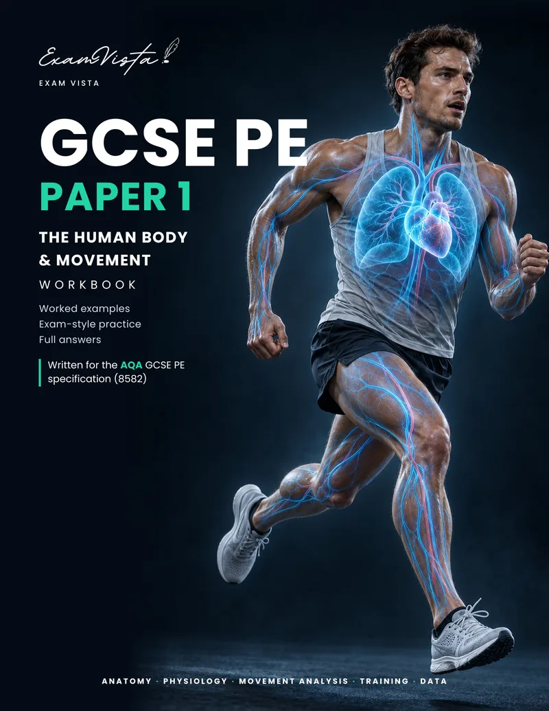 Cover of the Exam Vista GCSE PE Paper 1 workbook: The Human Body and Movement, written for the AQA GCSE PE specification (8582)