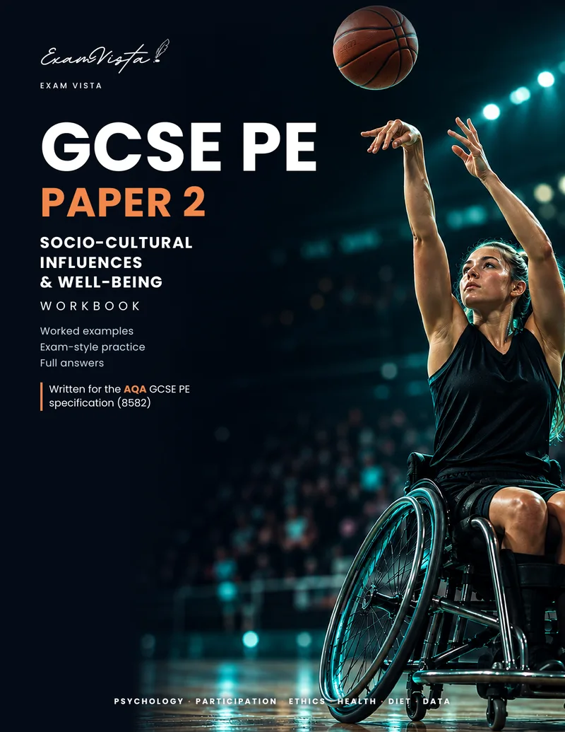 Cover of the Exam Vista GCSE PE Paper 2 workbook: Socio-Cultural Influences and Well-Being, written for the AQA GCSE PE specification (8582)
