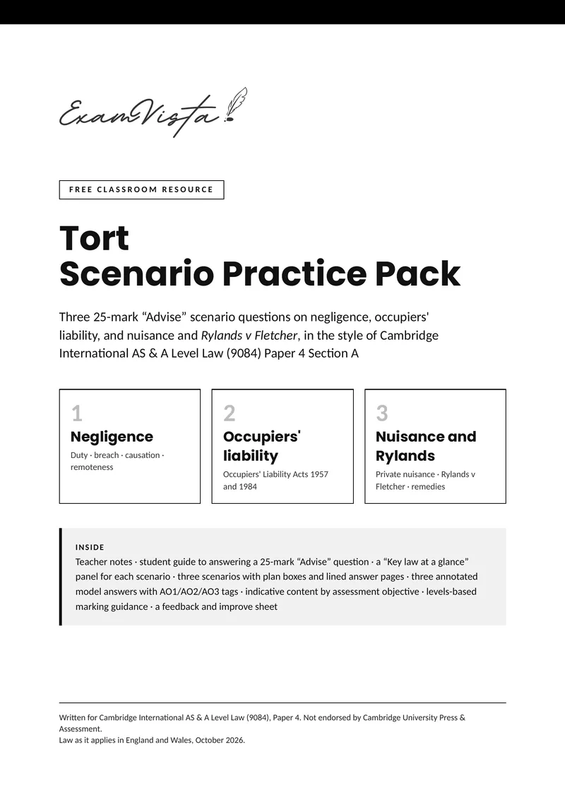 Cover of the free Exam Vista Tort Scenario Practice Pack