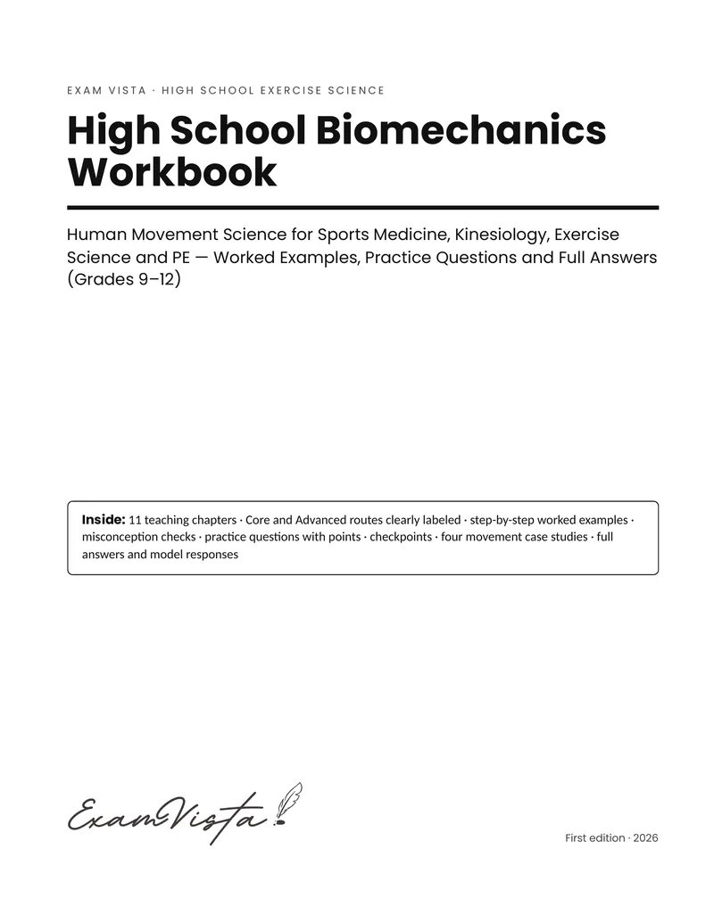 Title page of the Exam Vista High School Biomechanics Workbook for grades 9 to 12