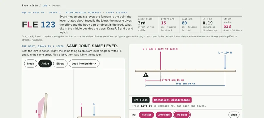 Screenshot of the Lever Lab: a lever with fulcrum, effort and load, and readouts for effort arm, load arm and mechanical advantage