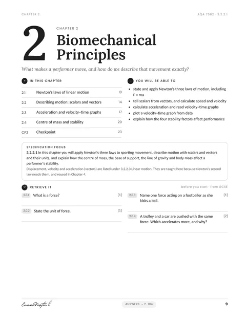 Sample page from the Exam Vista A Level PE Biomechanics workbook: chapter opener