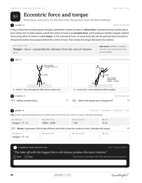 Sample page from the Exam Vista A Level PE Biomechanics workbook: learn it and see it