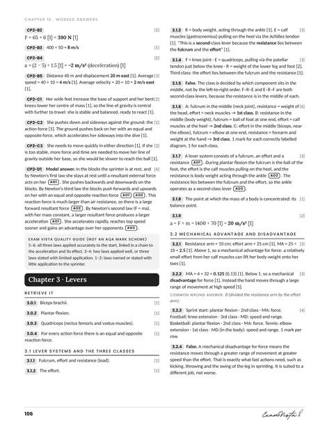 Sample page from the Exam Vista A Level PE Biomechanics workbook: worked answers and model responses