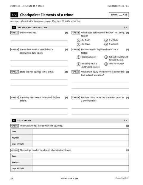 Sample page from the Exam Vista Criminal Law workbook: checkpoint