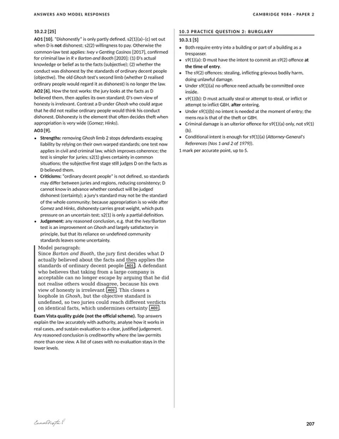 Sample page from the Exam Vista Criminal Law workbook: answers and model responses