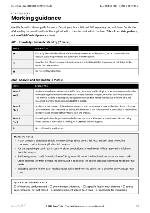Page from the free Exam Vista Criminal Law Scenario Practice Pack: marking guidance