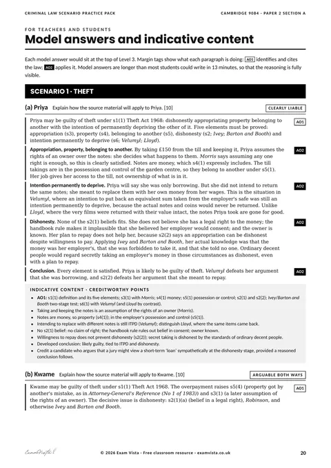 Page from the free Exam Vista Criminal Law Scenario Practice Pack: model answers