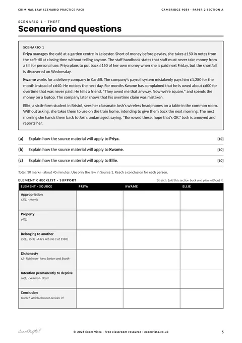 Page from the free Exam Vista Criminal Law Scenario Practice Pack: scenario and questions
