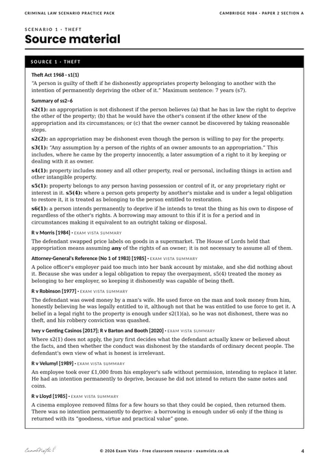 Page from the free Exam Vista Criminal Law Scenario Practice Pack: source material