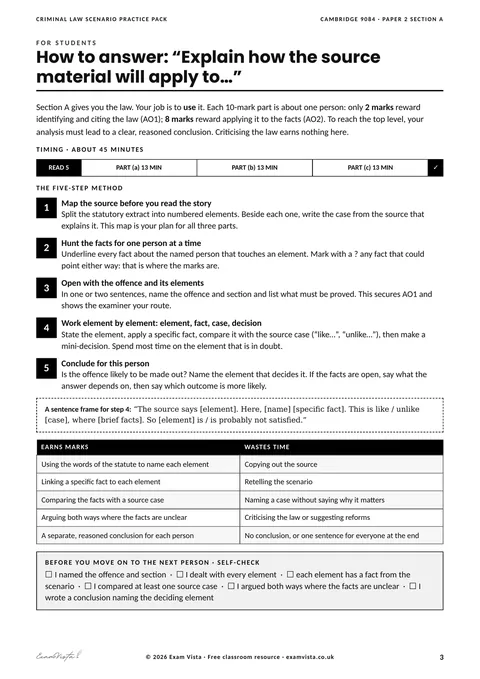Page from the free Exam Vista Criminal Law Scenario Practice Pack: student guide