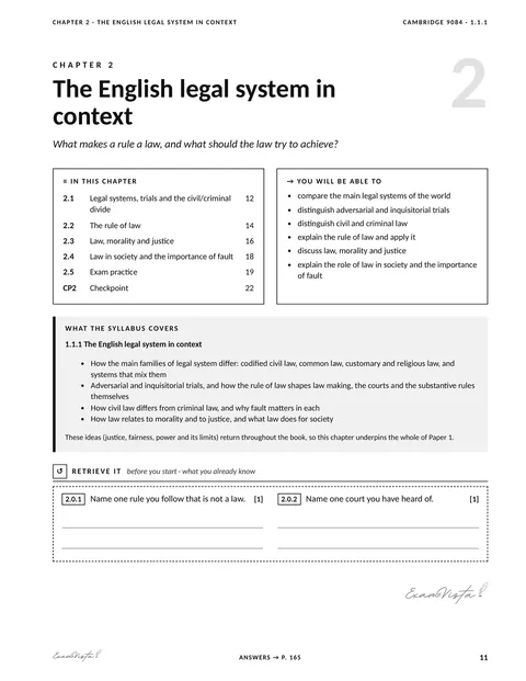 Sample page from the Exam Vista English Legal System workbook: chapter opener