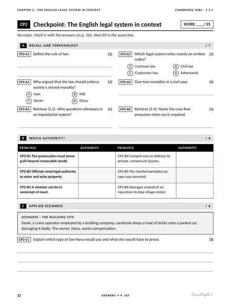 Sample page from the Exam Vista English Legal System workbook: checkpoint