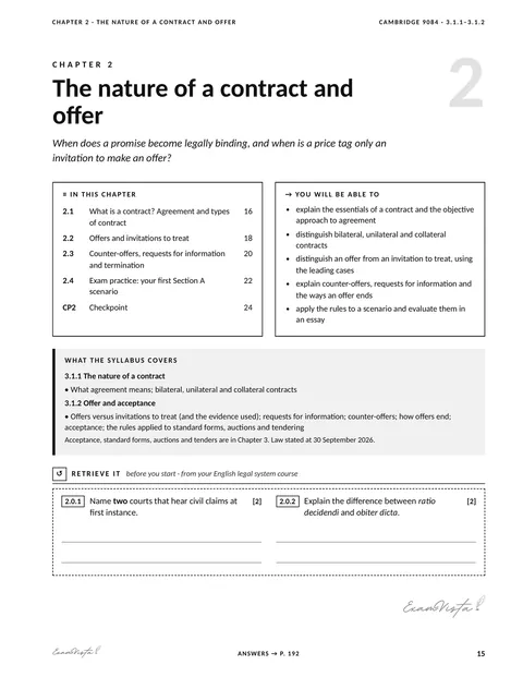 Sample page from the Exam Vista Law of Contract workbook: chapter opener