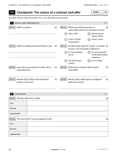 Sample page from the Exam Vista Law of Contract workbook: checkpoint
