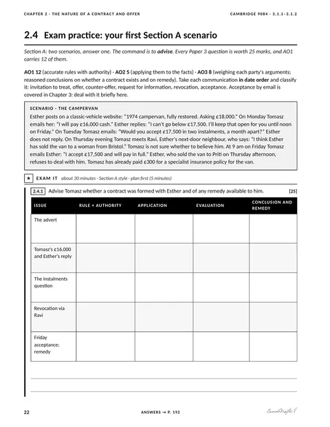 Sample page from the Exam Vista Law of Contract workbook: exam practice