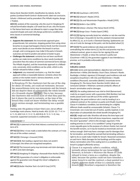 Sample page from the Exam Vista Law of Contract workbook: answers and model responses