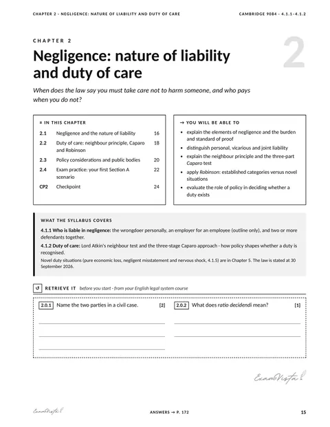 Sample page from the Exam Vista Law of Tort workbook: chapter opener