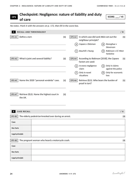 Sample page from the Exam Vista Law of Tort workbook: checkpoint