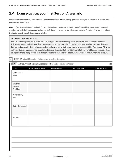 Sample page from the Exam Vista Law of Tort workbook: exam practice