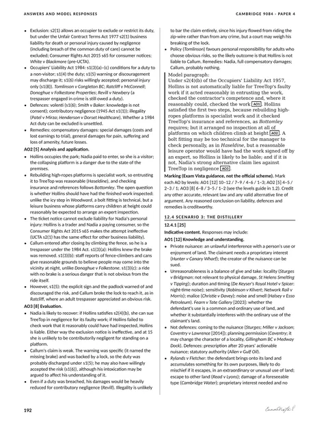 Sample page from the Exam Vista Law of Tort workbook: answers and model responses