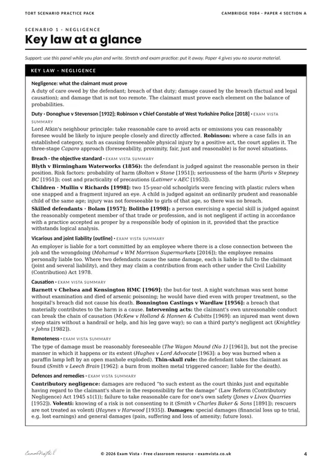 Page from the free Exam Vista Tort Scenario Practice Pack: key law at a glance
