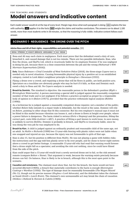 Page from the free Exam Vista Tort Scenario Practice Pack: model answers