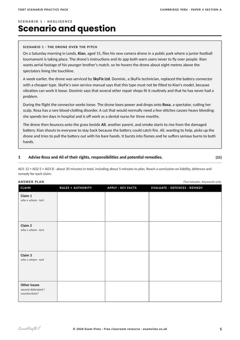 Page from the free Exam Vista Tort Scenario Practice Pack: scenario and question
