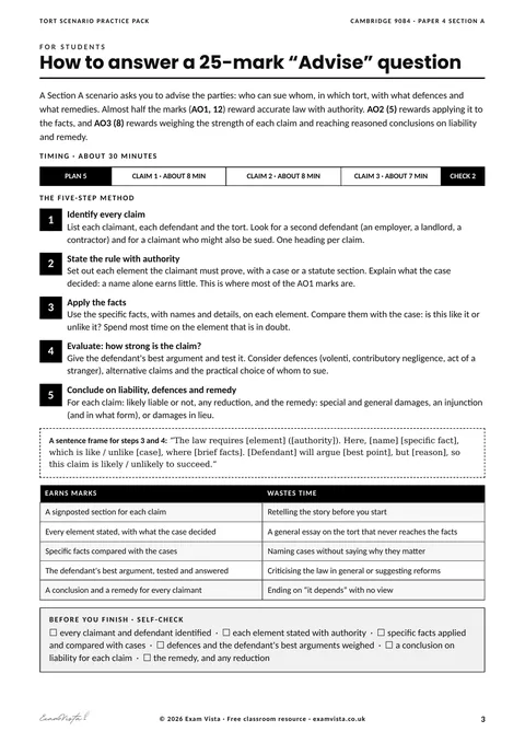 Page from the free Exam Vista Tort Scenario Practice Pack: student guide