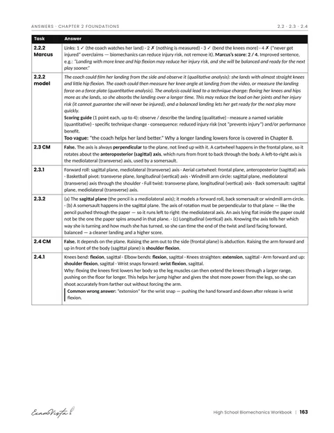 Sample page from the Exam Vista High School Biomechanics Workbook: answers and model responses