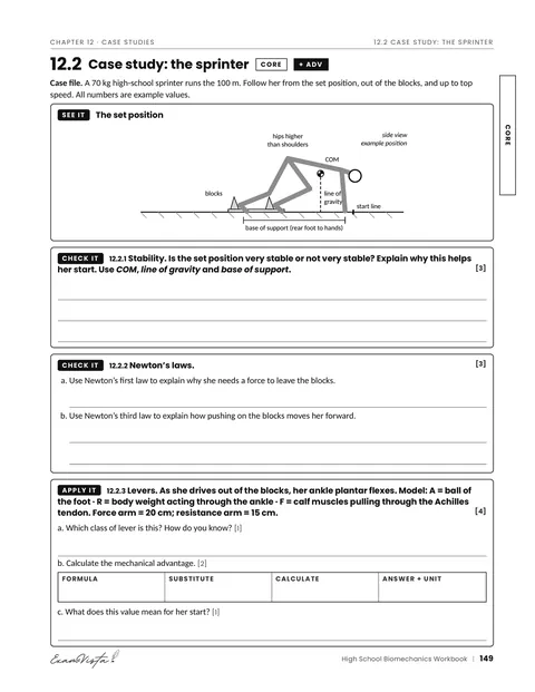 Sample page from the Exam Vista High School Biomechanics Workbook: movement case study