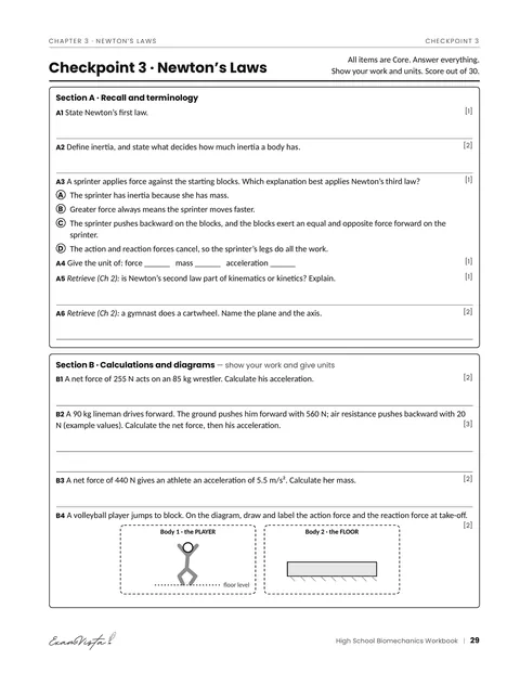 Sample page from the Exam Vista High School Biomechanics Workbook: checkpoint