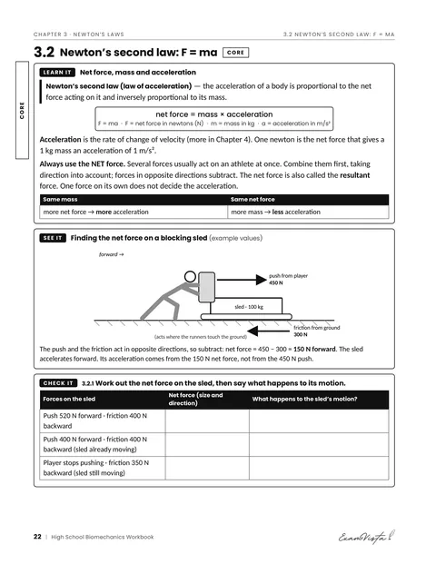Sample page from the Exam Vista High School Biomechanics Workbook: learn it, see it, check it